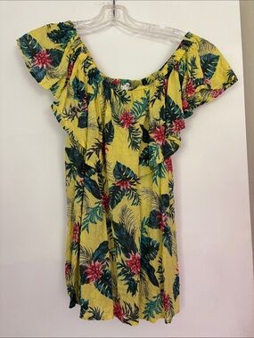 Umgee Yellow Tropical Floral Off-Shoulder Tunic Top Size S